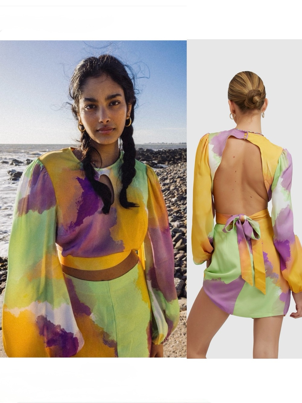 NWT WOLF GANG Watercolor Open Back Puff Sleeve Festival Tie Waist Crop Top Small
